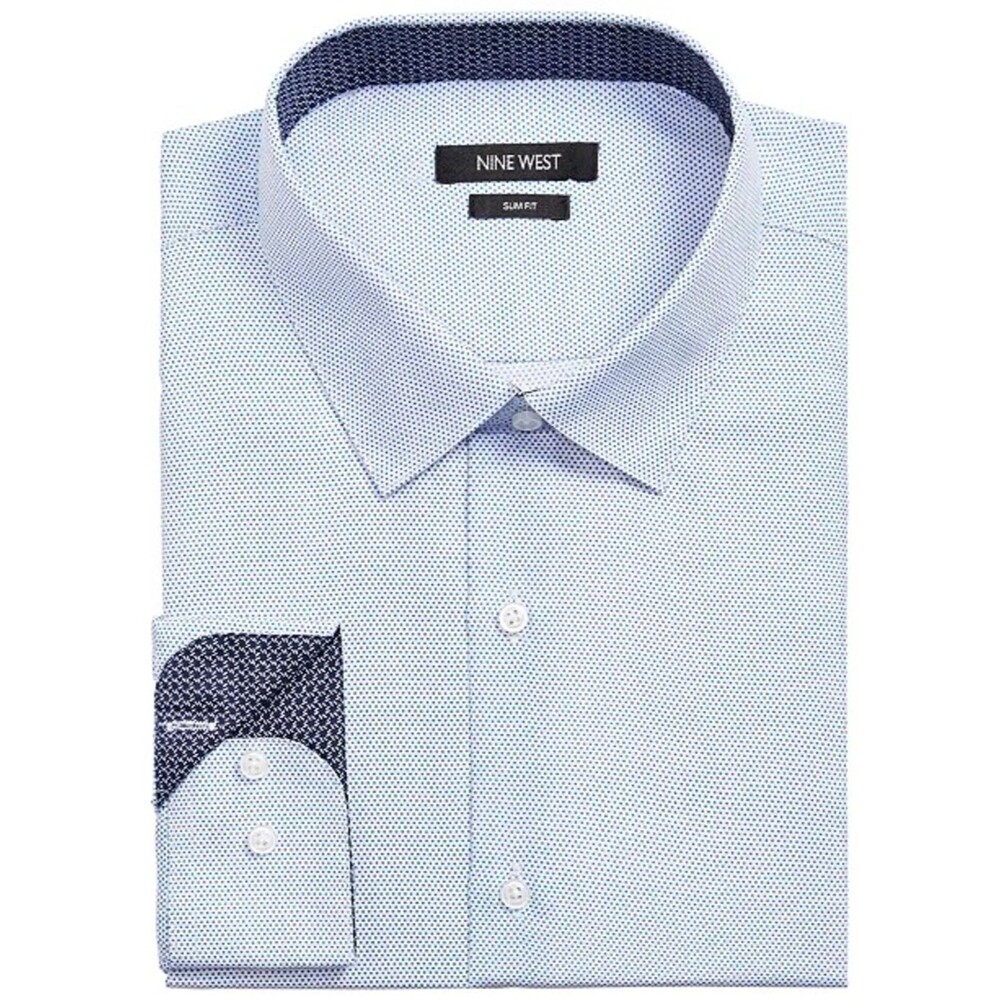 Nine West Light Blue Microdot Dress Shirt with Navy Contrast